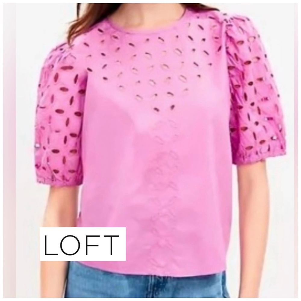 LOFT Poplin Eyelet Puff Sleeve Blouse. Size S